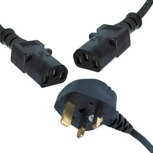 Twin IEC Socket 1 x Mains 3 Pin UK Plug - 2 x Femal IEC