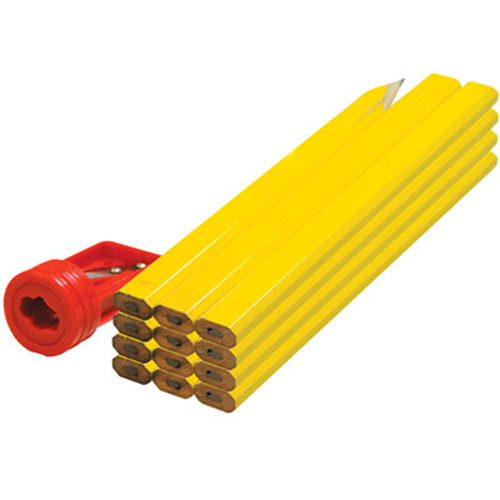 12 Pack Of Oval Section Soft Lead Carpenters Pencils & Sharpener
