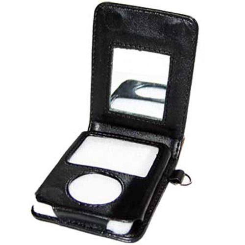 Leather Flip Case with Mirror for iPod Nano 3G - Black