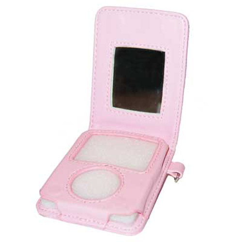 Leather Flip Case with Mirror for iPod Nano 3G - Pink