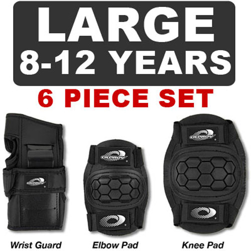6 Piece Childs Black Skate Pads - For Skating, Cycling  - Large
