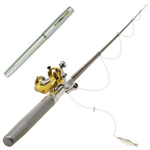 Pocket Pen Fishing Rod Silver Pole & Golden Reel