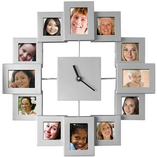 NEW SILVER 12 PHOTO FRAME PICTURE WALL CLOCK PERFECT GIFT FOR FAMILY