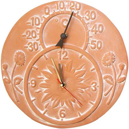 Outdoor Hanging Terracotta Clock & Thermometer - 12 Inch