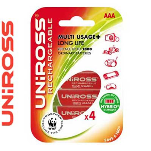 Uniross 4 x AAA Rechargeable Batteries (Pre-charged) - U0150248