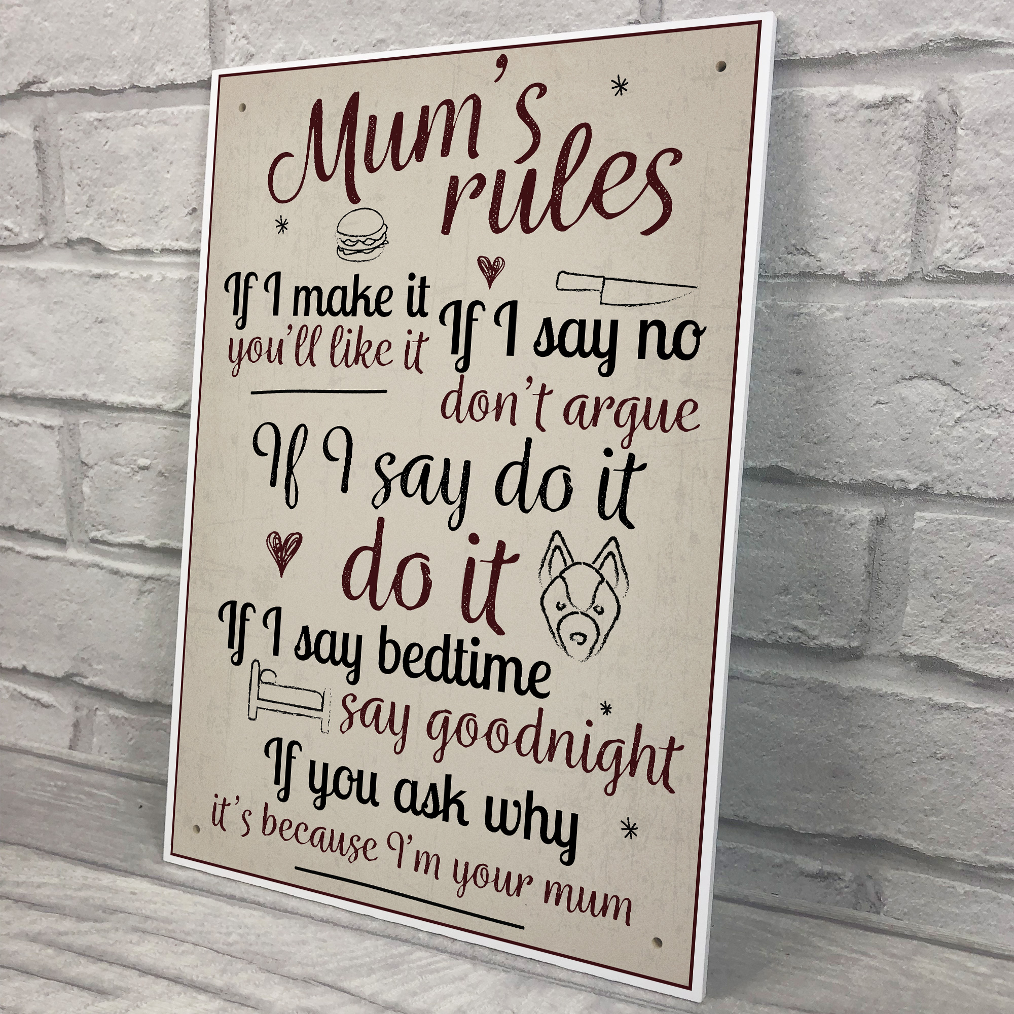 Mum's Rules Hanging Plaque Humorous Kitchen Plaque Chic Wall Sign