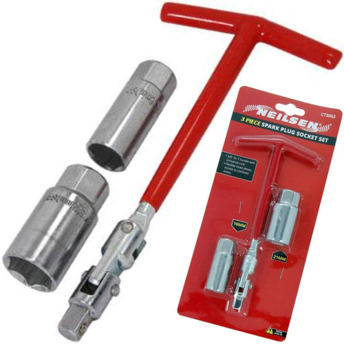 New 3 Pc Spark Plug Socket & T Bar Wrench Sockets Set 16mm & 21mm 3